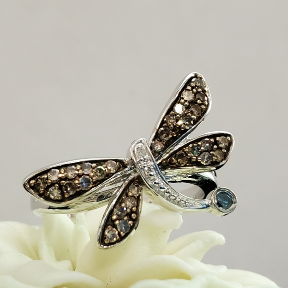 Diamond and Blue Topaz Sterling Silver Dragonfly Ring Size 7 - Picture 1 of 15